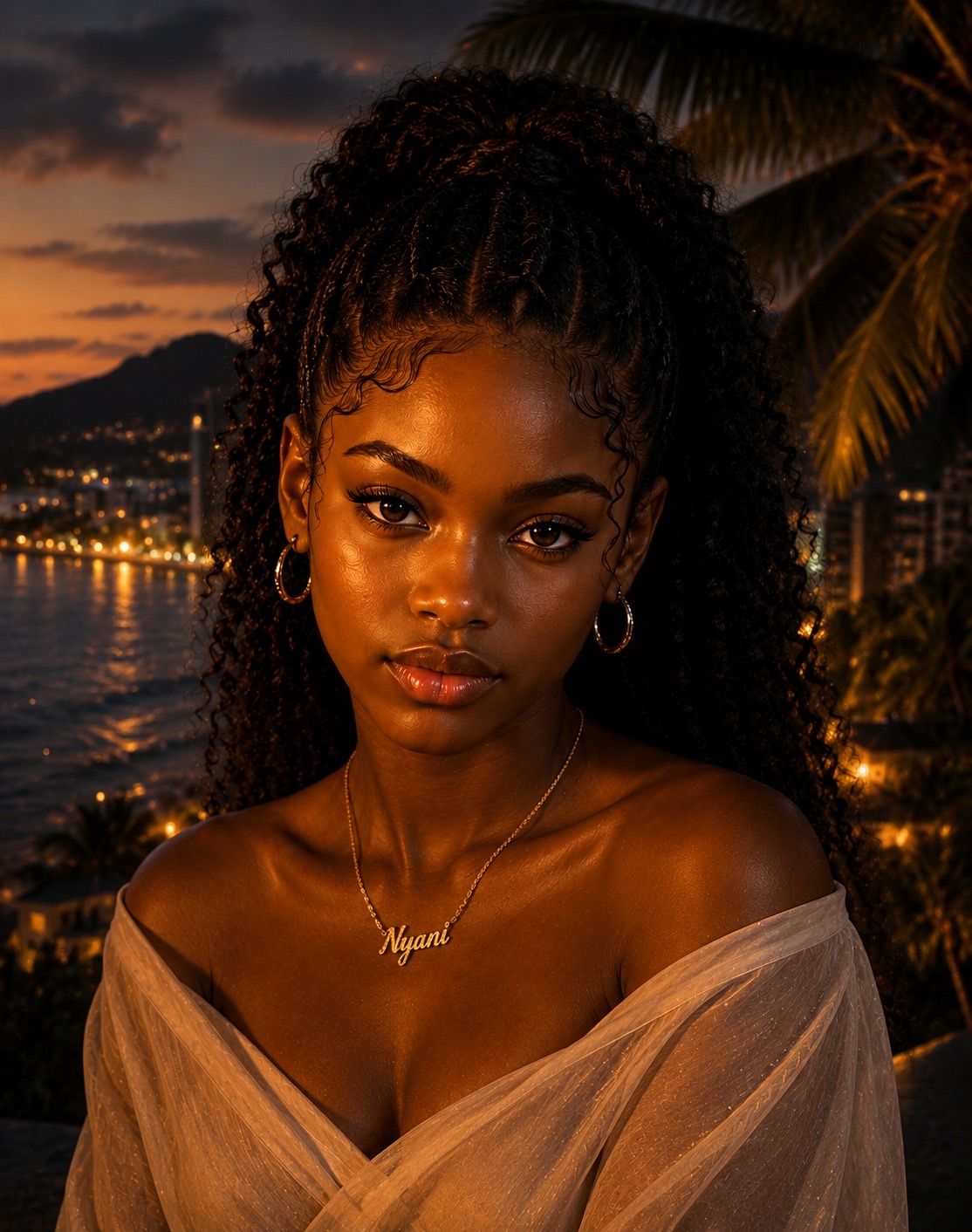 Portrait of the artist NYANI at golden hour overlooking a Caribbean coastline